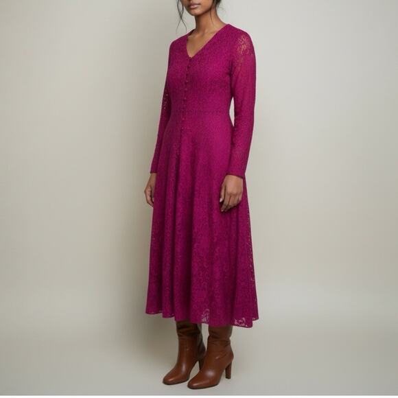 Vintage All That Jazz Burgundy Lace Maxi Dress Slip Set V-Neck Long Sleeve 7/8 - Picture 1 of 10